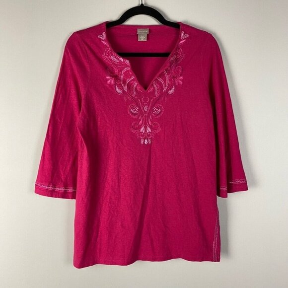 Chicos Tunic Womens 00 US XS Pink Embroidered Cotton Linen 3/4 Sleeves Top - Picture 1 of 9